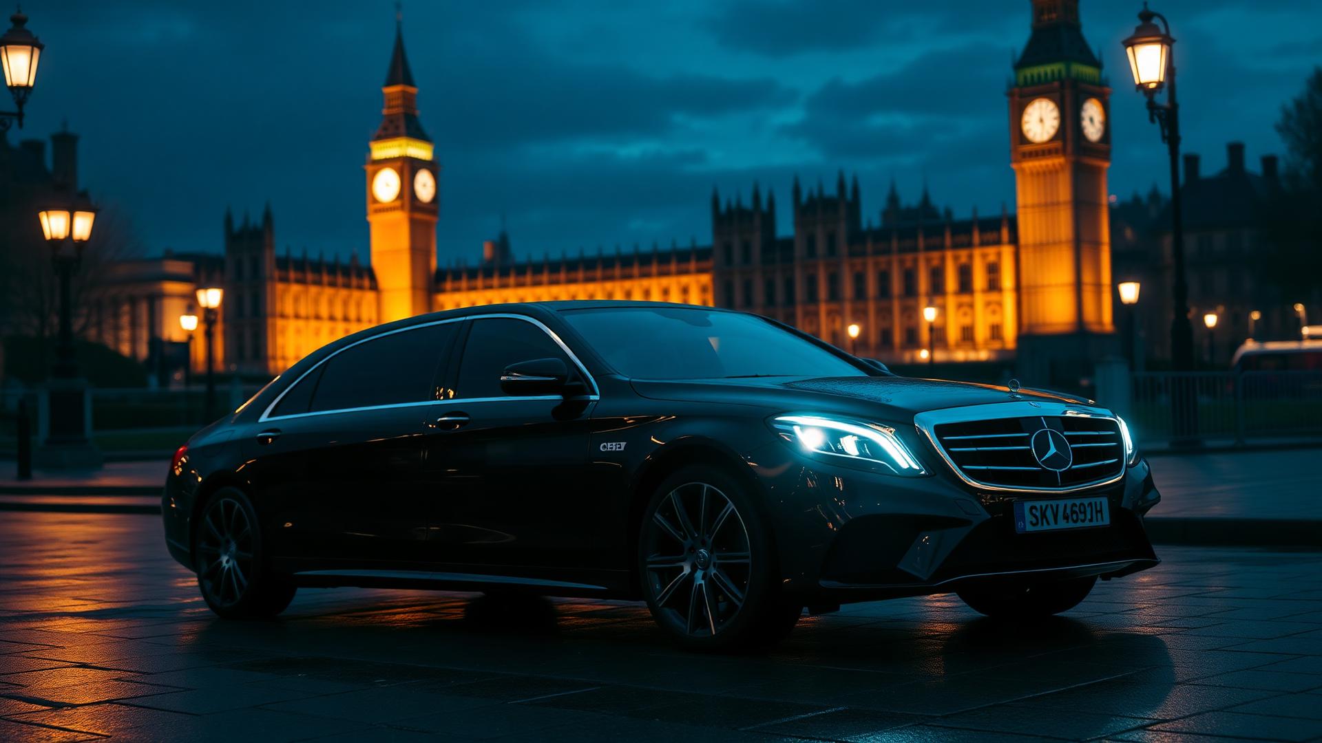 Mercedes chauffeur car on a UK motorway at dusk