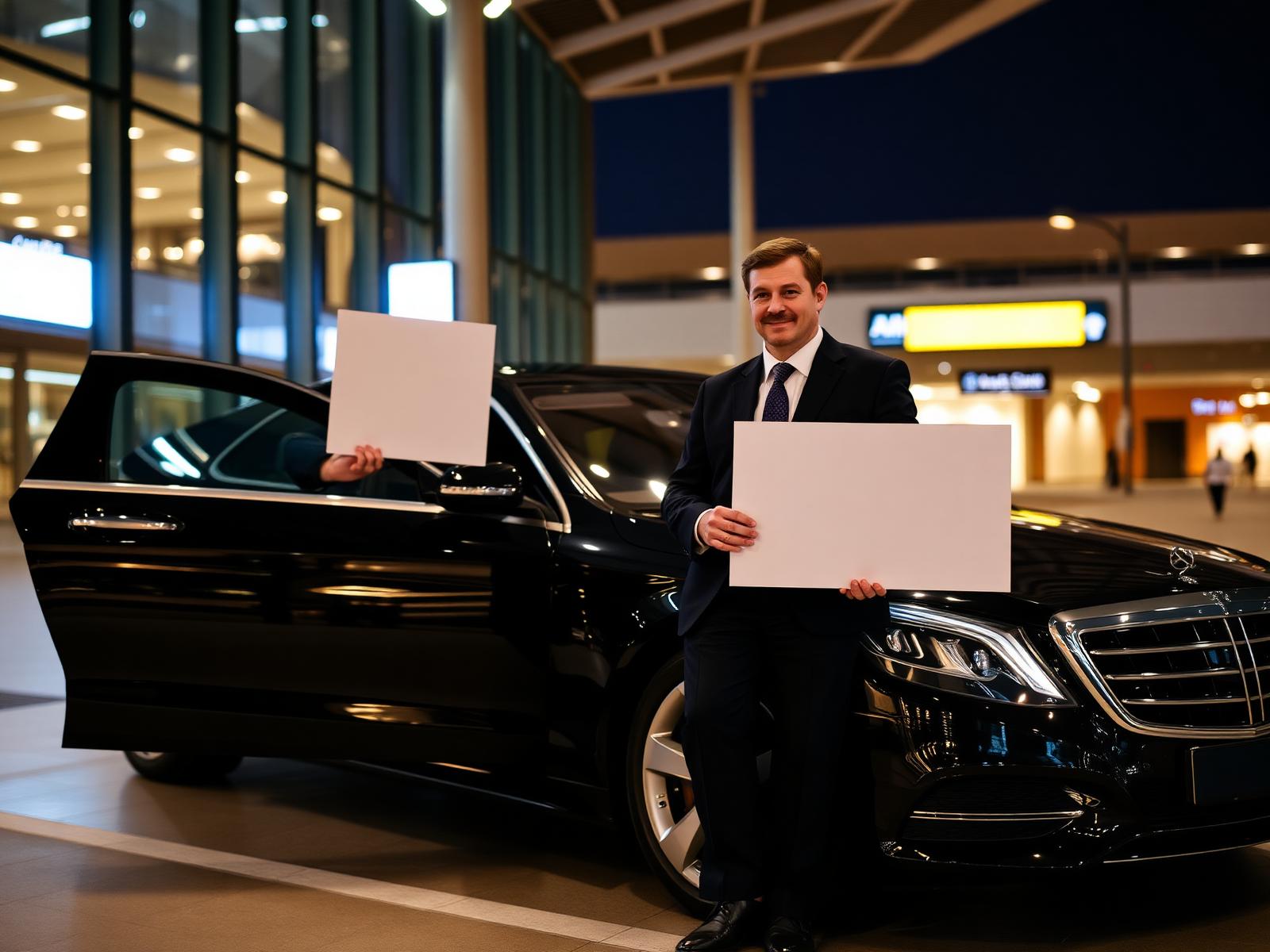 Chauffeur waiting for arrivals at a London airport terminal